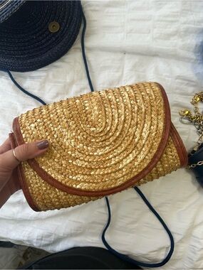 Woven Straw Crossbody Bag with Brown Trim